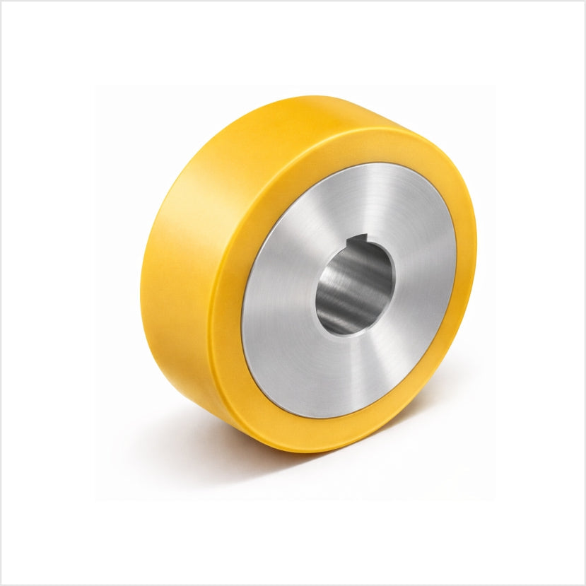 Antriebsrad mit Stahlfelge und Passbohrung mit Passfedernut, Radbelag gelb.