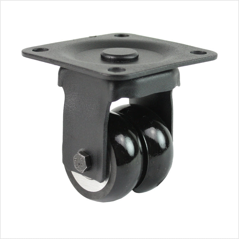 Mini-Schwerlast Doppel-Bockrolle B-MIB-691KBA mit balligen Rädern, Raddurchmesser 50 × 20 mm, kompakte Industrie-Bockrolle für hohe Traglasten und spurtreue Führung
