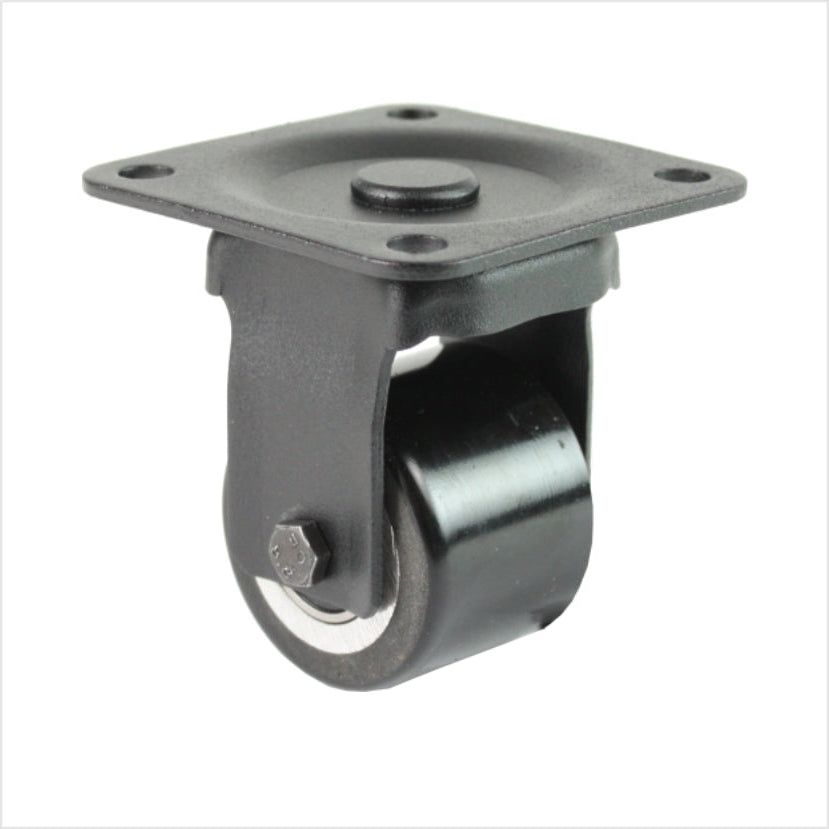 Schwarze Mini-Schwerlast-Bockrolle B-MIB-691KFL mit flachem Doppelrad, Raddurchmesser 50 mm, kompakte Industrie-Bockrolle für Möbel-, Laden- und Messebau