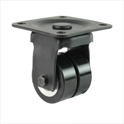 Mini-Schwerlast Doppel-Bockrolle B-MIB-691KFL mit flachen Rädern, Raddurchmesser 50 × 20 mm, kompakte Industrie-Bockrolle für hohe Traglasten und präzise Führung