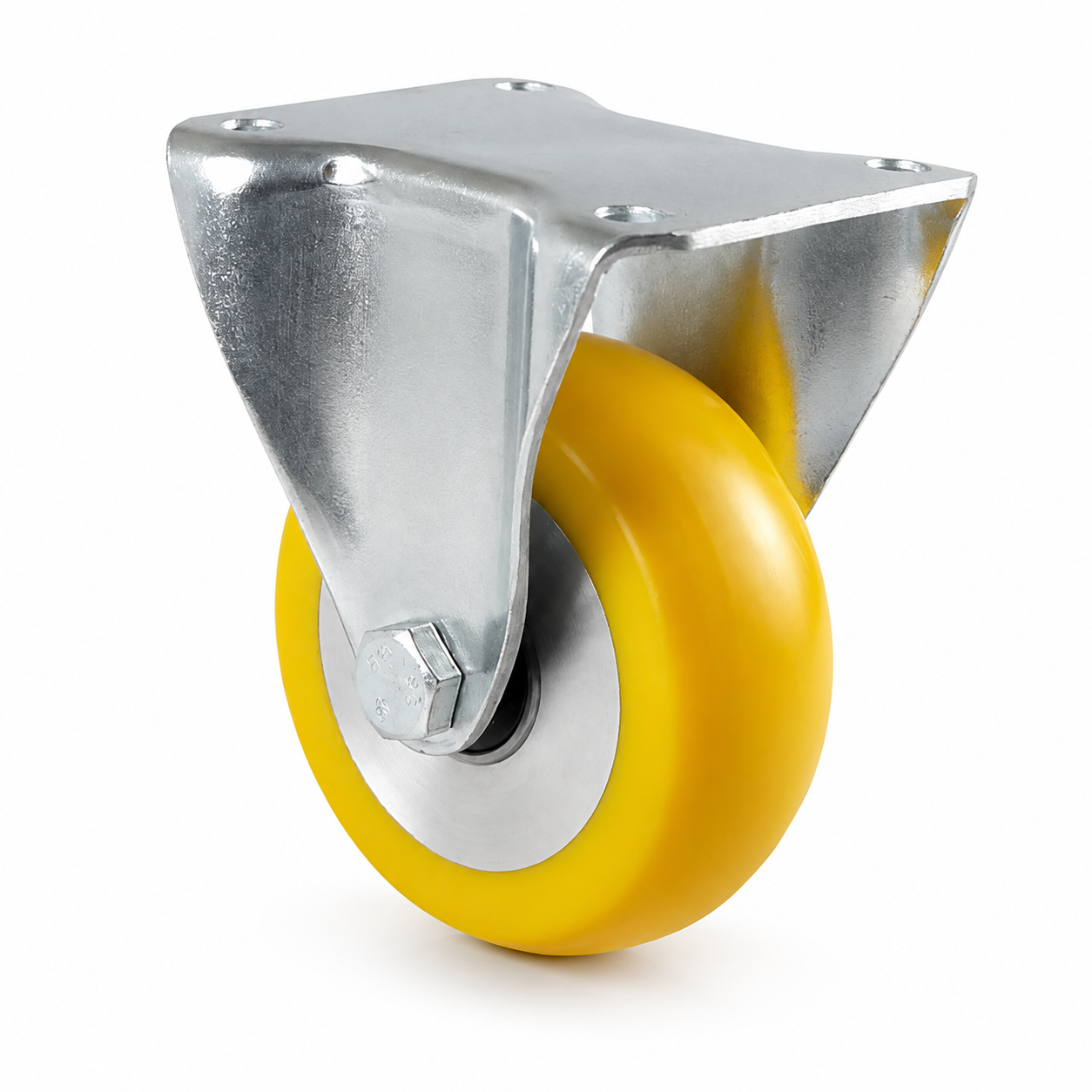 Industrie-Bockrolle Ø 80 mm ballig mit Anschraubplatte – gelbes Polyurethan-Rad