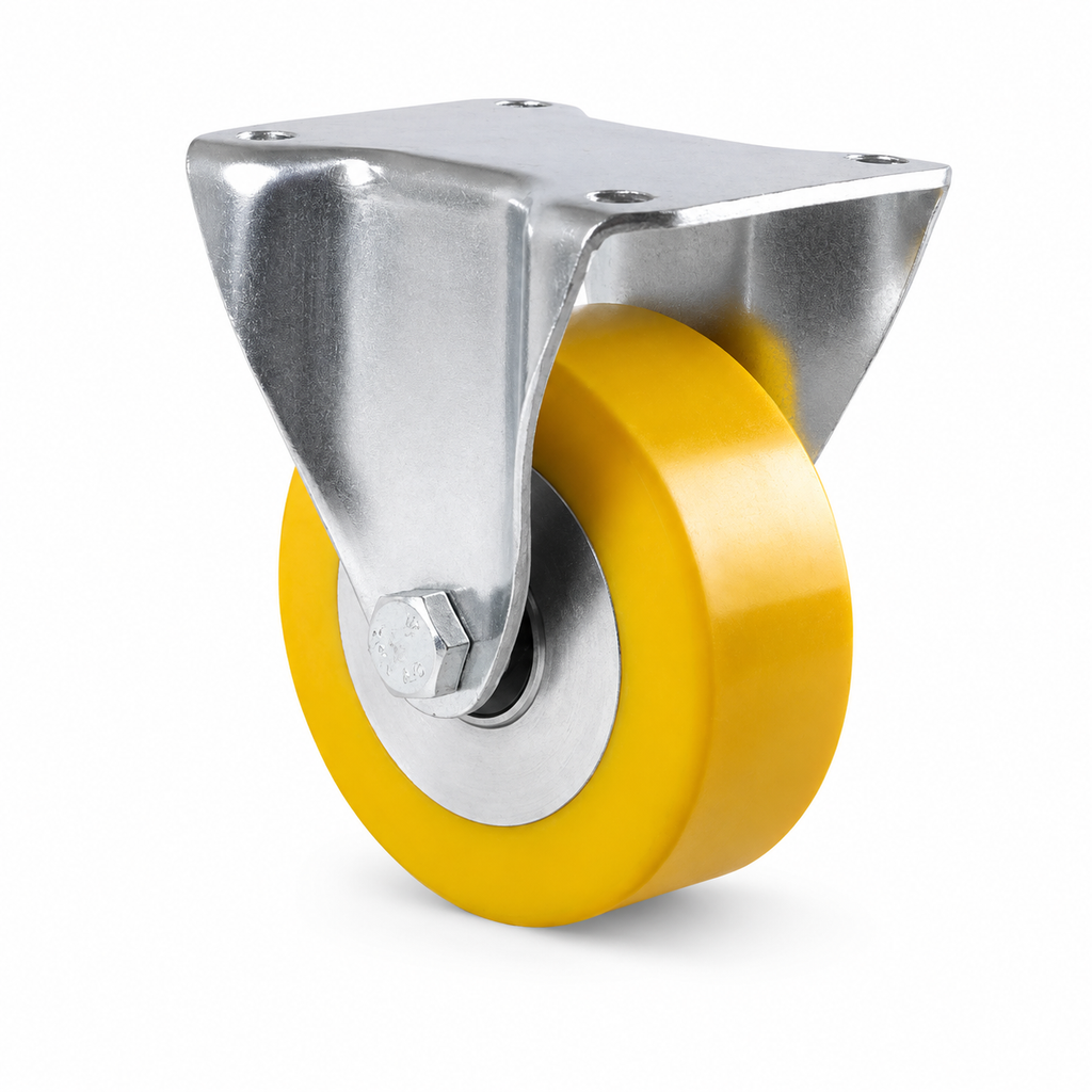 Industrie-Bockrolle Ø 80 mm flach mit Anschraubplatte – gelbes Polyurethan-Rad
