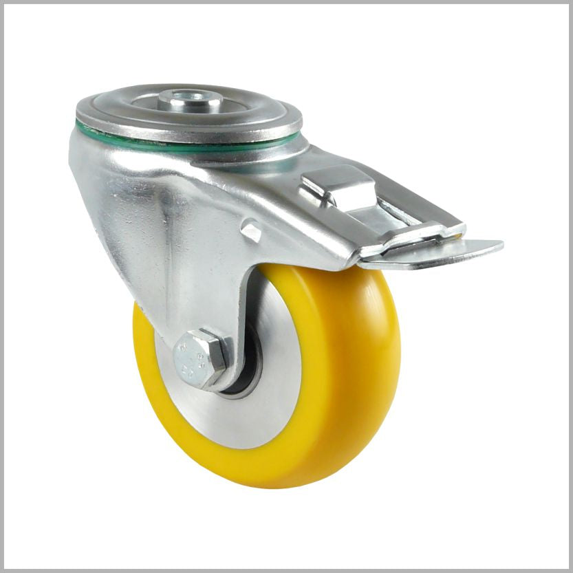 100 mm Lenkrolle, Rückenloch und Feststeller, Polyurethan-Rad, ballig & flach - RTB-TS/690KBA/100/40