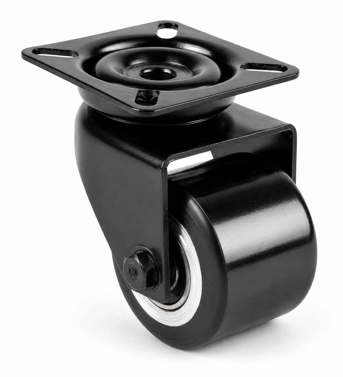 Schwarze 50 mm Mini-Schwerlast-Lenkrolle L-DAPS/691KFL mit Polyurethan-Rad und Plattenbefestigung