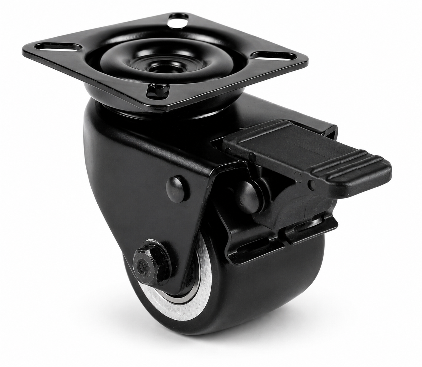 Schwarze 50 mm Mini-Schwerlast-Lenkrolle LTB-DAPS/691KBA mit Feststeller, balligem Polyurethan-Rad und Plattenbefestigung