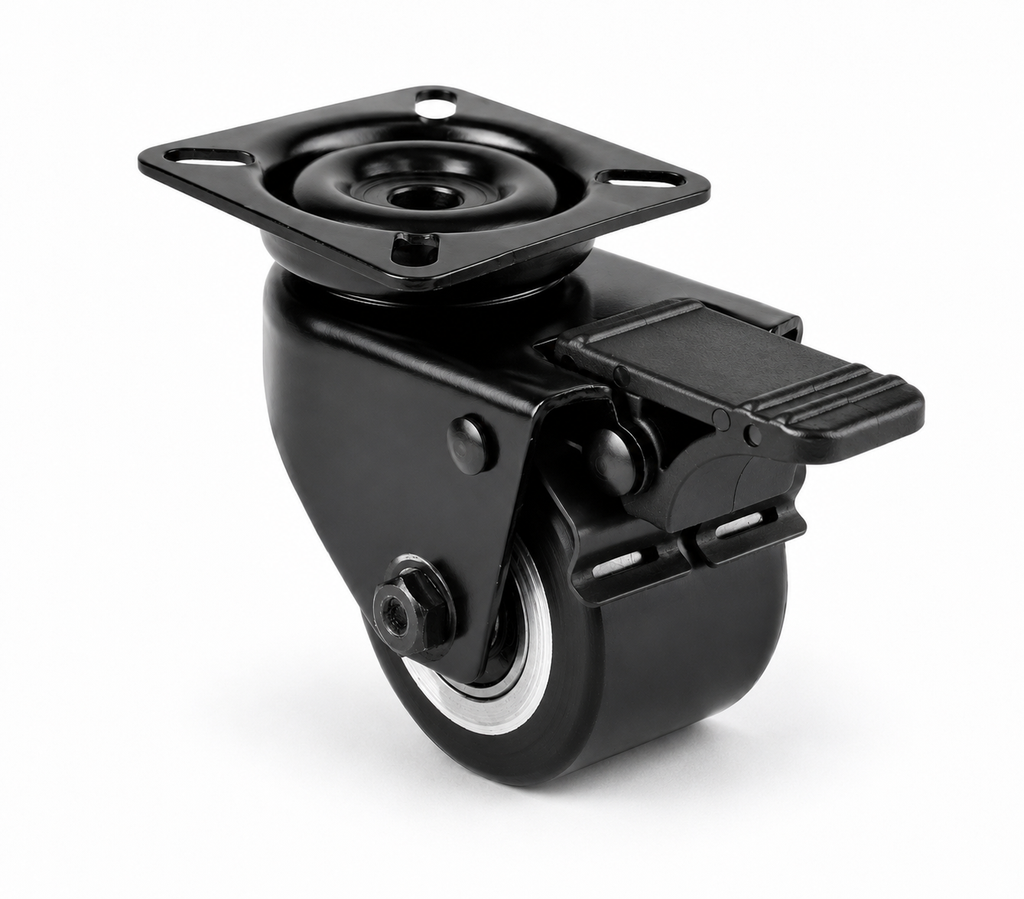 Schwarze 50 mm Mini-Schwerlast-Lenkrolle LTB-DAPS/691KFL mit Feststeller, Polyurethan-Rad und Plattenbefestigung
