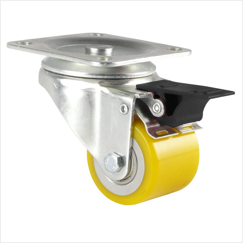 Lenkrolle mini Schwerlastrolle mit Bremse (Feststellhebel) mit gelbem Polyurethan-Rad 50 x 40 mm , Radform flach, mit schwarzem Hebel, Kopfplatte für 4 Löchern