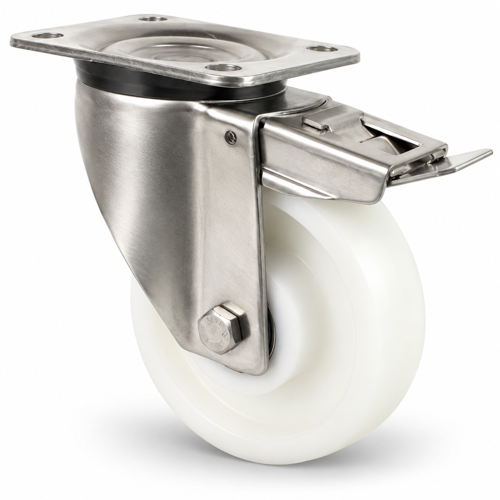 Ruota piroettante per carichi pesanti in acciaio inox con freno 125 mm, ruota in poliammide – LTB-LN/200NK/125/45
