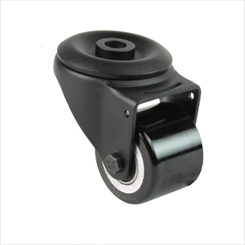 Schwarze Mini-Schwerlast-Lenkrolle R-MIB-691KFL mit Rückenlochbefestigung und flachem Doppelrad, Raddurchmesser 50 mm, kompakte Industrie-Rolle für Möbel-, Laden- und Messebau