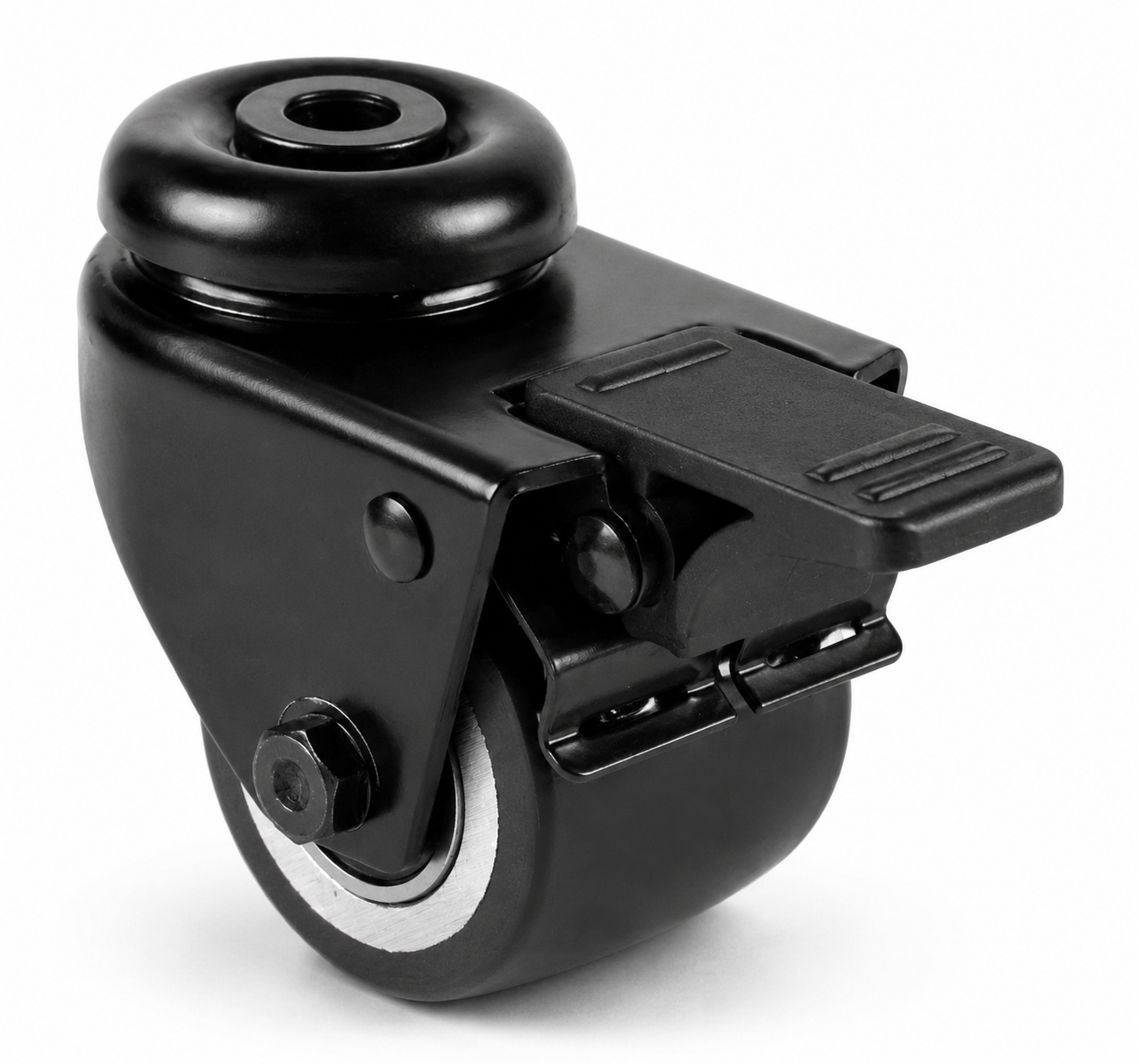Schwarze 50 mm Mini-Schwerlast-Lenkrolle RTB-DAPS/691KBA mit Feststeller, balligem Polyurethan-Rad und Rückenlochbefestigung