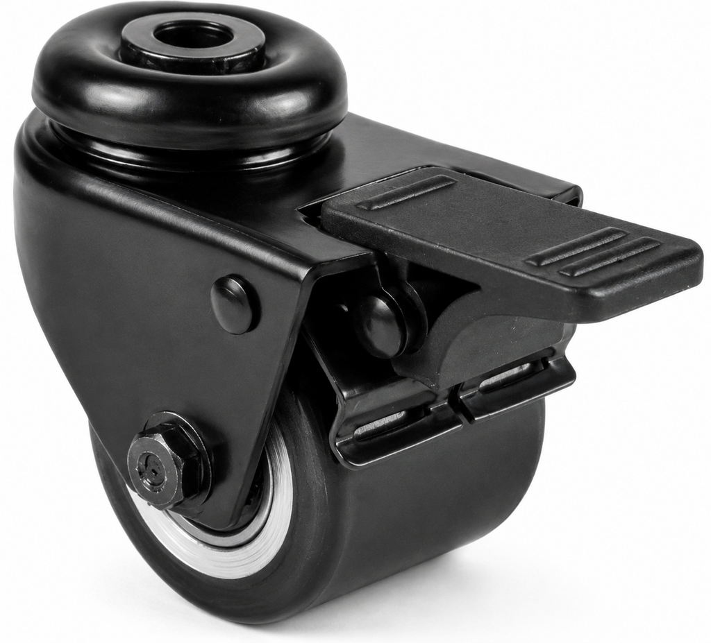 Schwarze 50 mm Mini-Schwerlast-Lenkrolle RTB-DAPS/691KFL mit Feststeller, Polyurethan-Rad und Rückenlochbefestigung