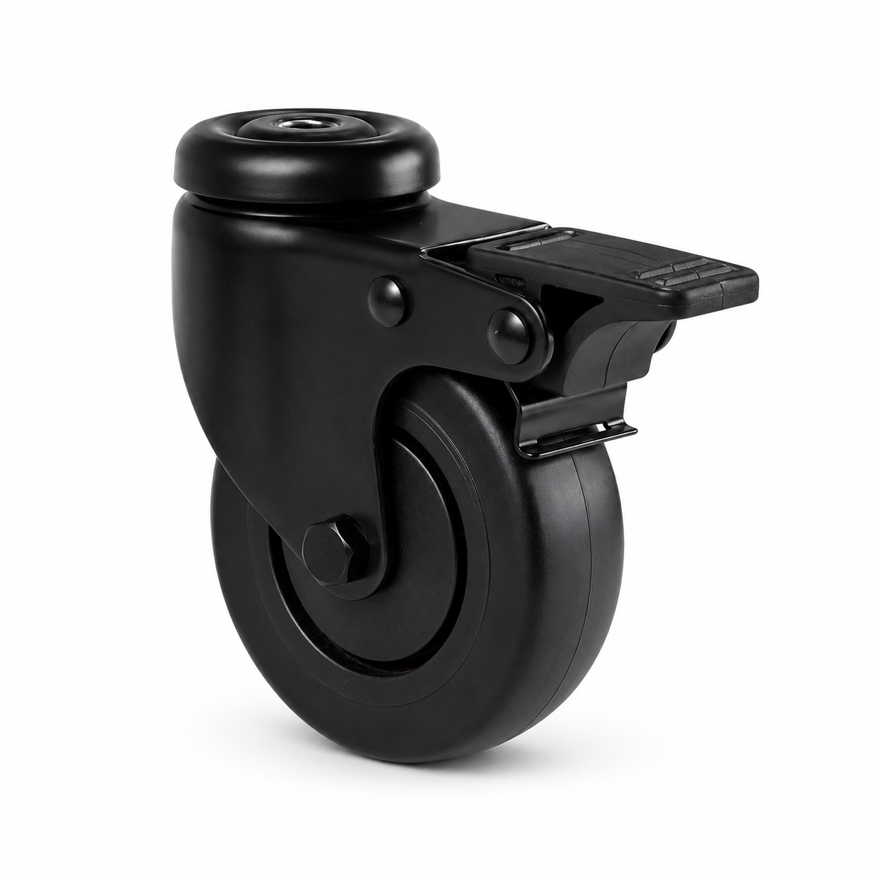 Schwarze Lenkrolle 50 mm mit Rückenloch & Totalfeststeller – Gummi, spurfrei