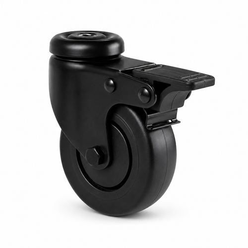 Schwarze Lenkrolle 50 mm mit Rückenloch & Totalfeststeller – Gummi, spurfrei