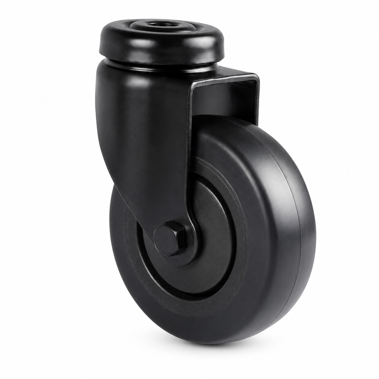 Schwarze Lenkrolle 75 mm mit Rückenloch – Gummi, spurfrei & leise