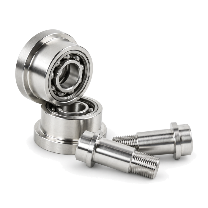 Ruote con bordino in acciaio inox V4A con cuscinetto a sfere aperto e bullone d’asse – per applicazioni resistenti al calore