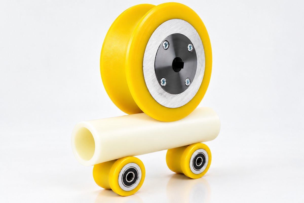 Rohrantriebsrolle aus Standardrad 690KFL mit Antriebsflansch und konkaver Vulkollan-Lauffläche auf Rohr Ø 40 mm, darunter zwei konkave Konterrollen