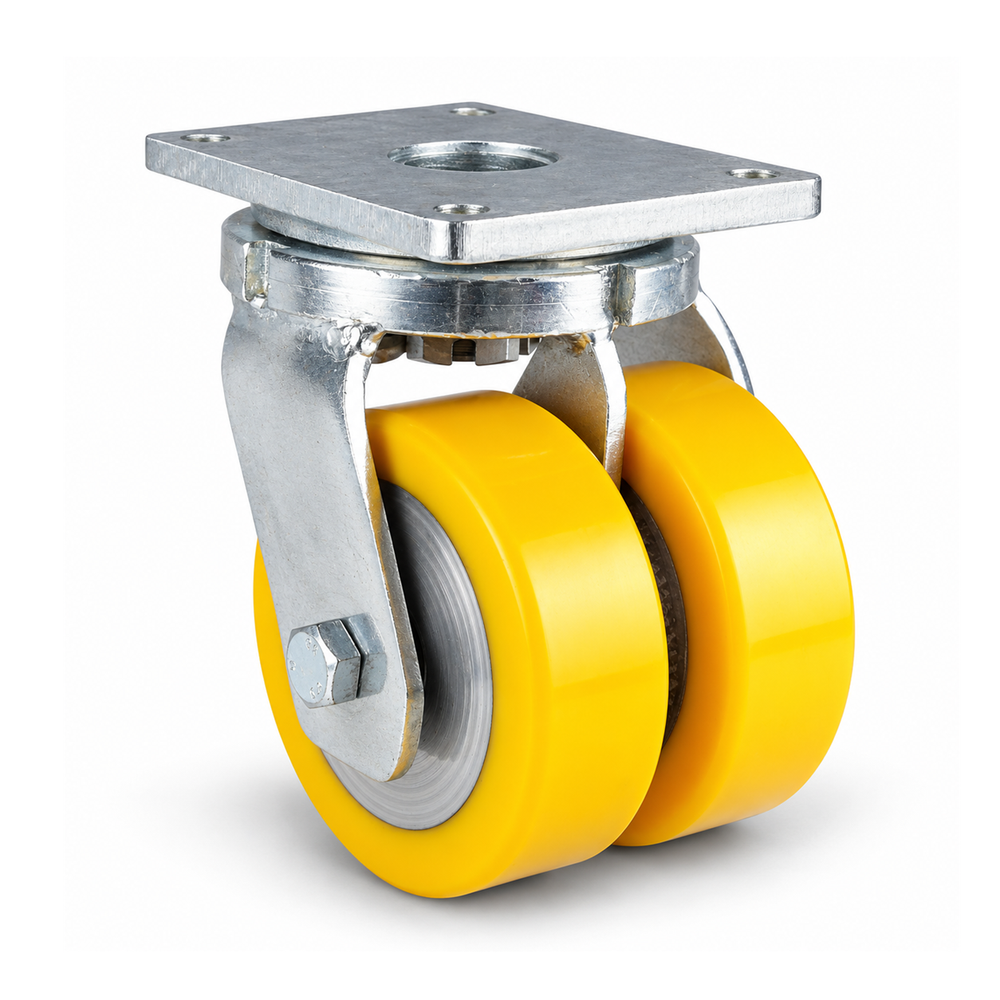 Schwerlast-Lenkrolle Ø 150 mm Doppelrad, Polyurethan gelb flach, verzinktes Stahlgehäuse, 1500 kg – L-MGGS/690KFL/150/50