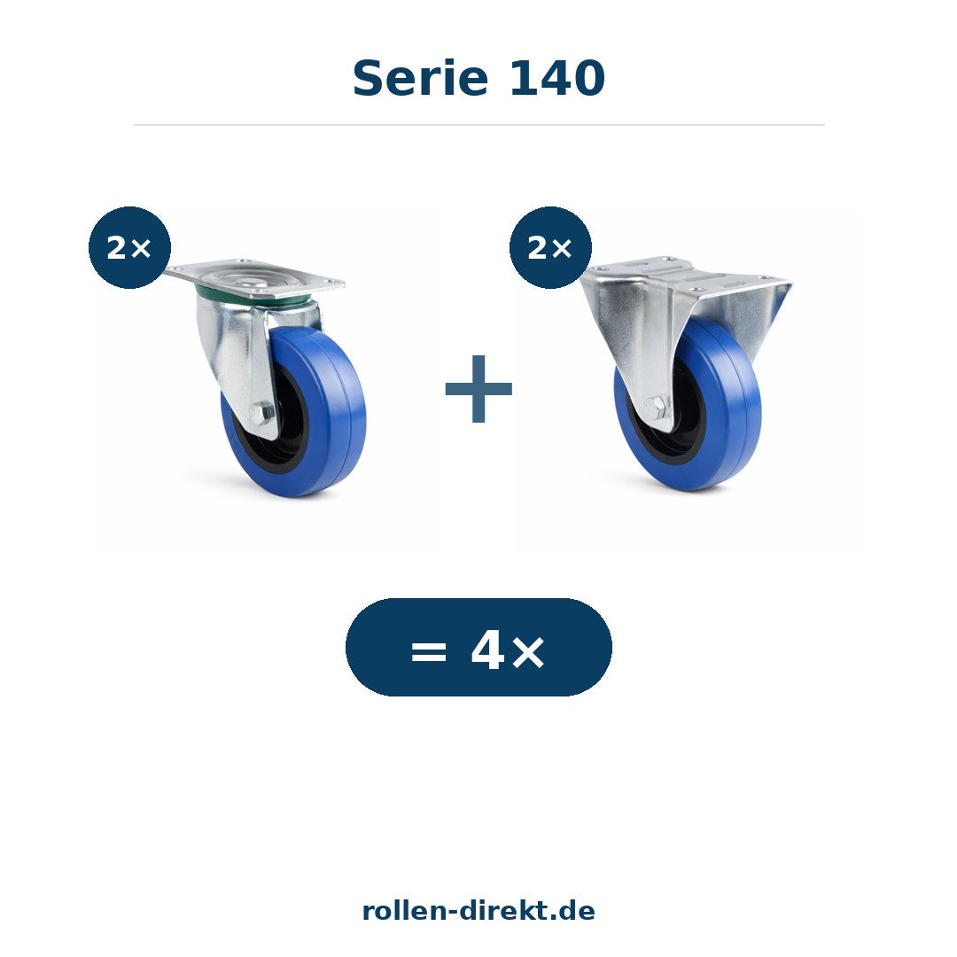 Rollensatz 100 mm – 2 Lenkrollen + 2 Bockrollen – Elastik-Gummi spurfrei – Serie 140