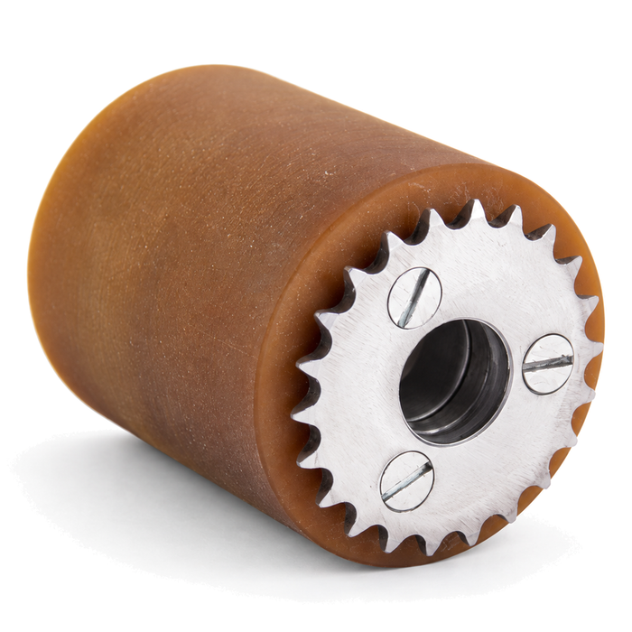 Rullo di trascinamento Vulkollan® Ø 50 × 40 mm con pignone avvitato – nucleo in acciaio, cuscinetto a sfere, foro 12 mm