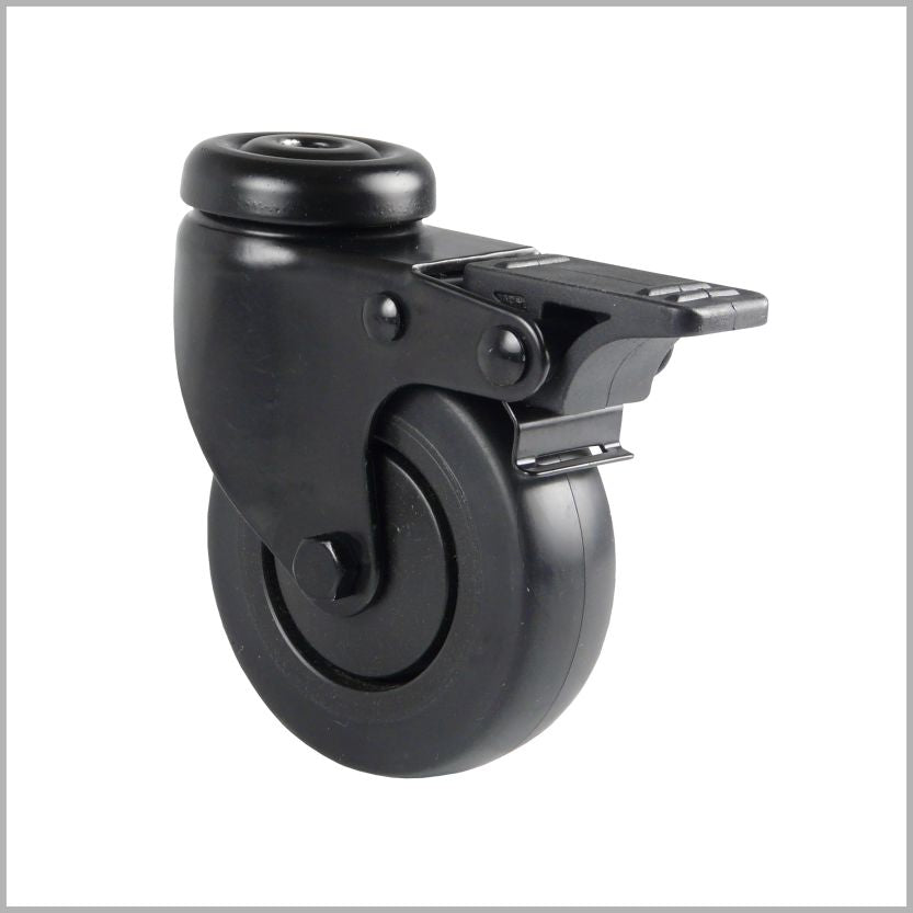 Lenkrolle mit schwarzem Rad, Rückenloch und Bremshebel (Feststellbremse) als Bremse auf weißem Hintergrund.