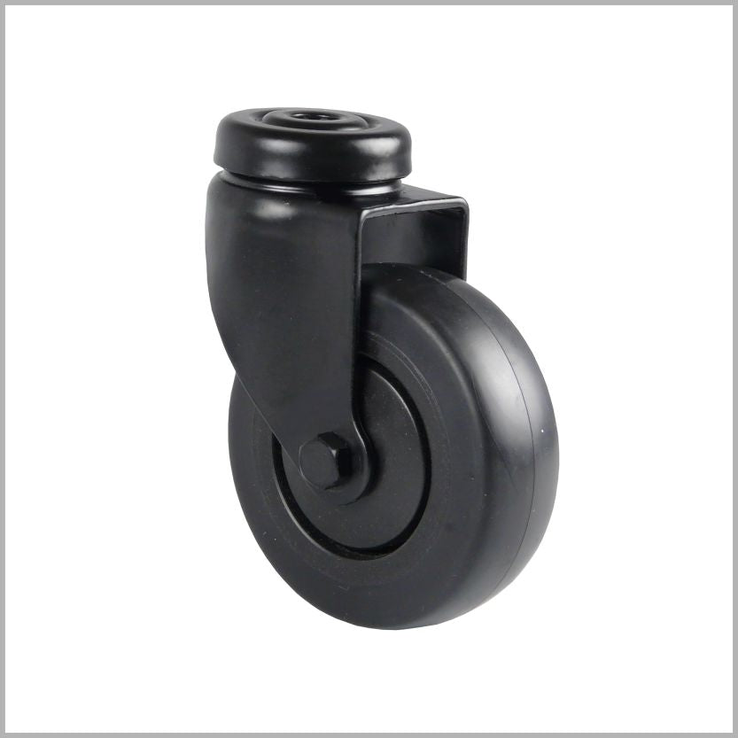 Schwarze Lenkrolle 75 mm mit Rückenloch – Gummi, spurfrei & leise