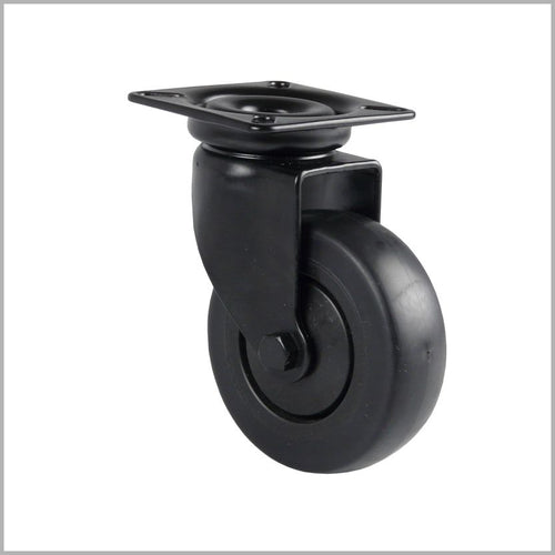 Schwarze Lenkrolle für Möbel und Regale mit Anschraubplatte 60 x 60 mm, schwarz beschichtetes Gehäuse mit schwarzem Rad.